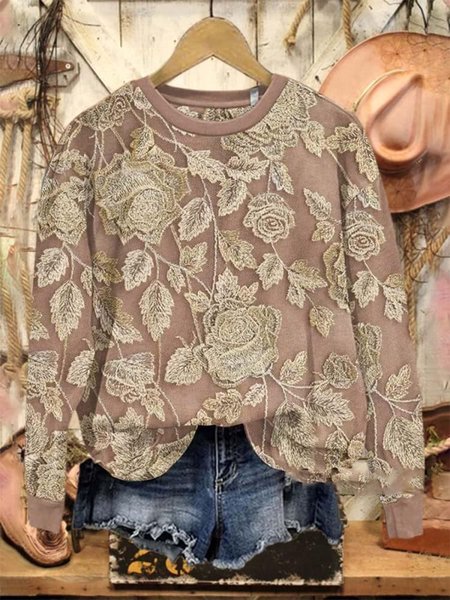 Casual Crew Neck Floral Sweatshirt, Pink, Hoodies & Sweatshirts