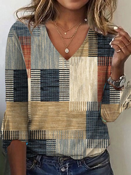 

Women's Three Quarter Sleeve Tee T-shirt Spring/Fall Geometric Jersey V Neck Daily Going Out Casual Top, Khaki, T-Shirts