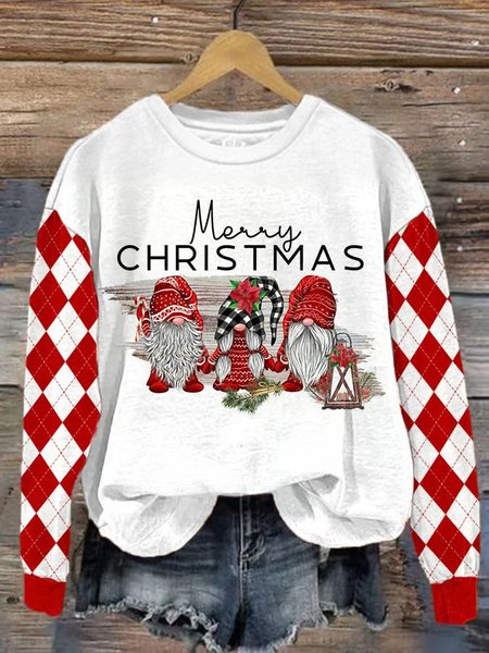 

Women's Gnome Christmas Print Crew Neck Sweatshirt-, White, Hoodies&Sweatshirts