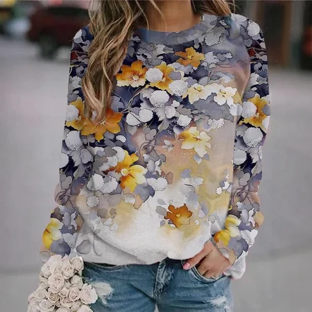 

Casual Crew Neck Floral Sweatshirt, Blue, Hoodies & Sweatshirts