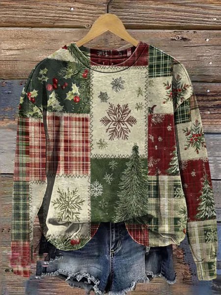 

Casual Crew Neck Christmas Patchwork Art Print Sweatshirt, Red, Hoodies & Sweatshirts