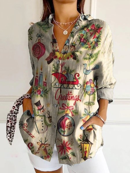 

Loose Casual Shirt Collar Christmas Shirt, Multicolor, Blouses