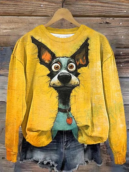 

Women's Cute Art Dog Print Crew Neck Sweatshirt, Yellow, Hoodies&Sweatshirts