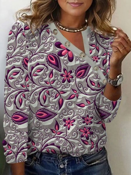 

Women's Long Sleeve Blouse Spring/Fall Floral Buckle Jersey Asymmetrical Collar Daily Going Out Casual Top, Rose red, Blouses