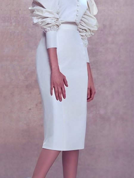 Elegant Plain High Waist Skirt, White, Skirts