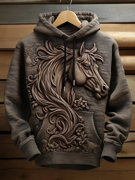 

Men's Vintage Embossed Horse Print Hoodie, Brown, Hoodies&Sweatshirts