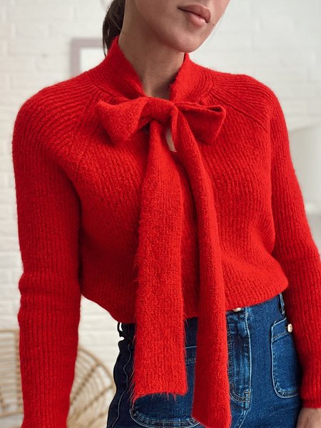 

Elegant Raglan Sleeve Plain Bow Sweater, Red, Pullovers
