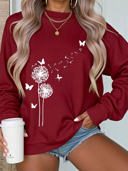 

Botanical Pattern Casual Loose Sweatshirt, Wine red, Hoodies&Sweatshirts