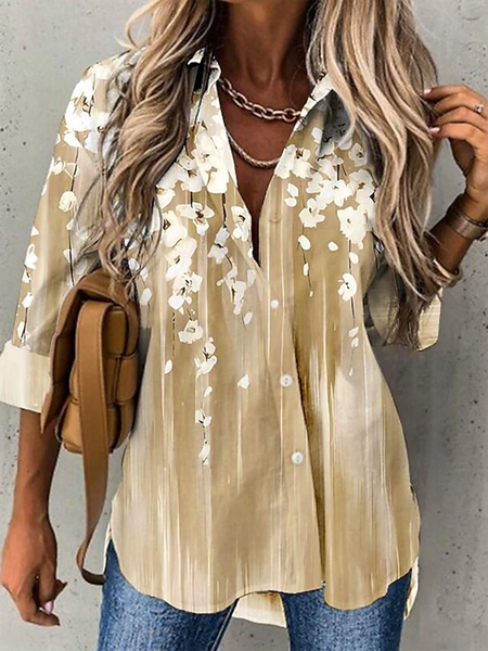 

Shirt Collar Long Sleeve Floral Regular Loose Shirt For Women, Yellow, Shirts
