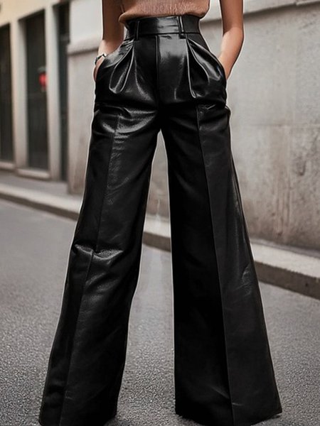 Urban Plain Faux Leather Wide leg Pants, Black, Pants