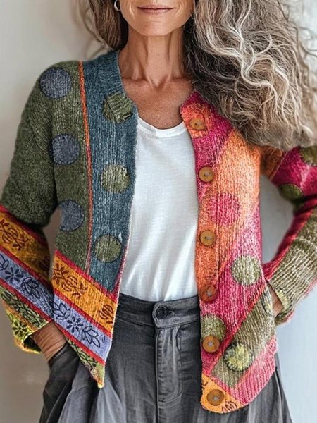 Multicolor Block Loose Casual Cardigan, As picture, Cardigans