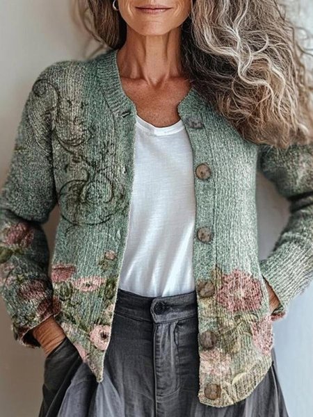 

Women's Floral Art Pattern Print Buttoned Cardigan Sweater, As picture, Cardigans