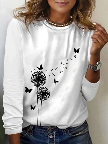

Casual Dandelion Crew Neck Long Sleeve T-shirt, White, T-shirts