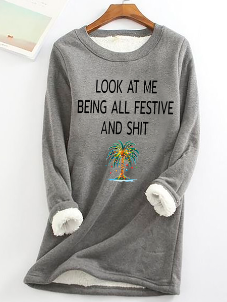 

Women's Christmas Palm Tree Look At Me Being All Festive And Shit Printed Casual Fluff Fleece Fabric Sweatshirt, Gray, Hoodies&Sweatshirts