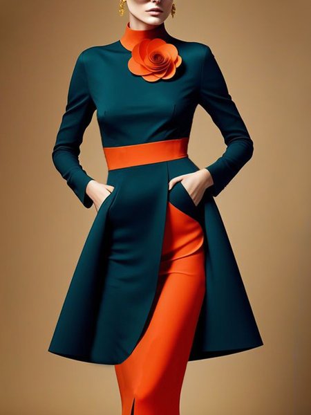 

Mock Neck Color Block 3D Floral Elegant Blouse, Dark green, Blouses and Shirts