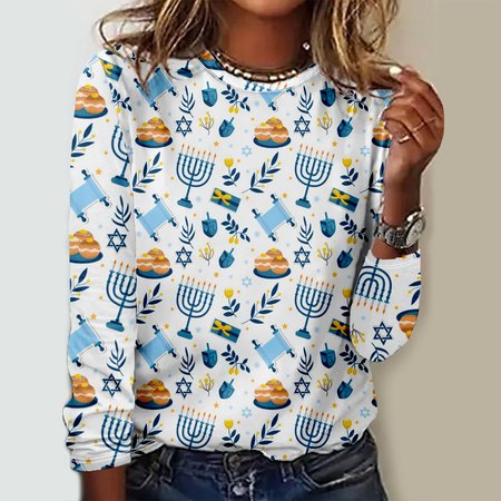 

Casual Floral Crew Neck Long Sleeve T-shirt, Blue, T-shirts