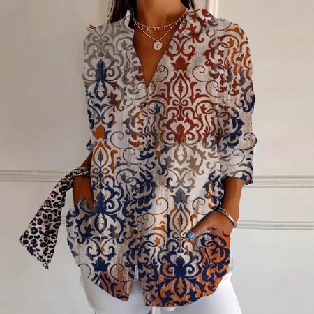 

Shirt Collar Long Sleeve Floral Regular Loose Shirt For Women, Multicolor, Shirts