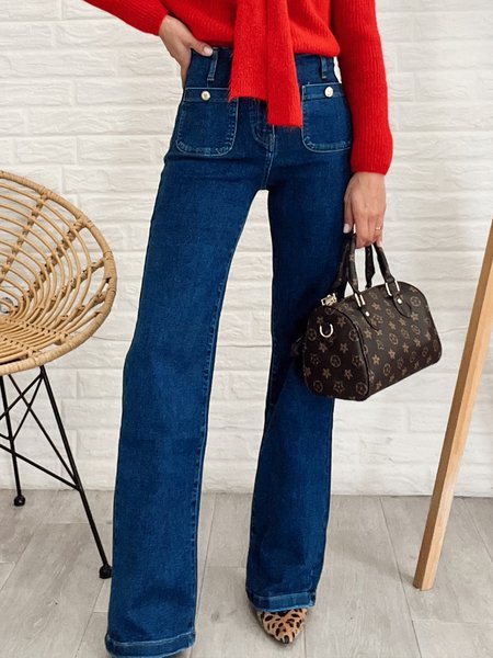 Pockets Elegant Plain Denim Jeans, Blue, Jeans