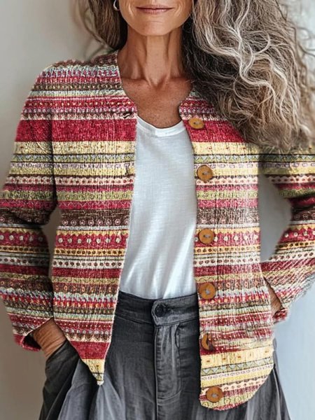 

Women Yarn/Wool Yarn Striped Long Sleeve Comfy Boho Cardigan, Multicolor, Outerwear