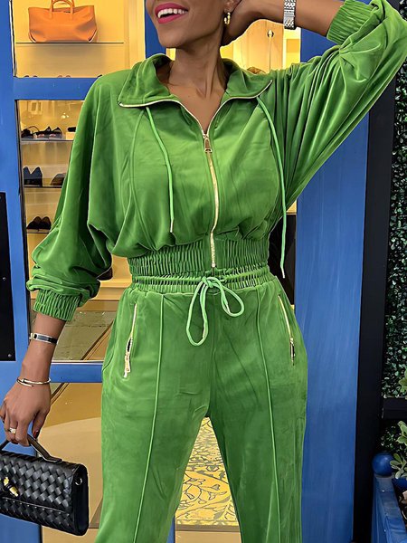 

Raglan Sleeve Casual Velvet Zipper Plain Jacket, Green, Jackets