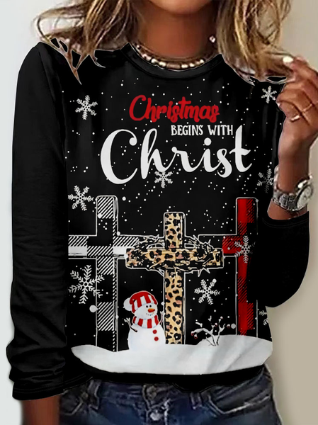 Casual Jersey Christmas Loose T-Shirt, Color3, Long sleeves
