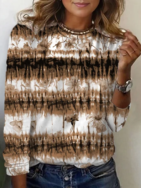 

Tie-dye Printed Long Sleeve Crew Neck T-shirt, Brown, Long sleeves