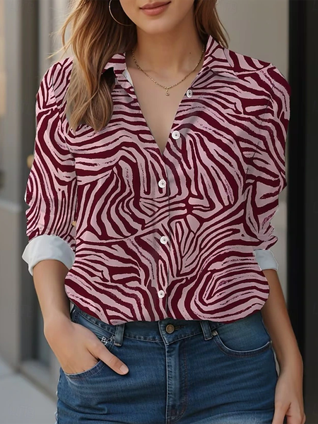 

Women's Long Sleeve Shirt Spring/Fall Zebra Shirt Collar Daily Going Out Casual Top, Pink, Shirts
