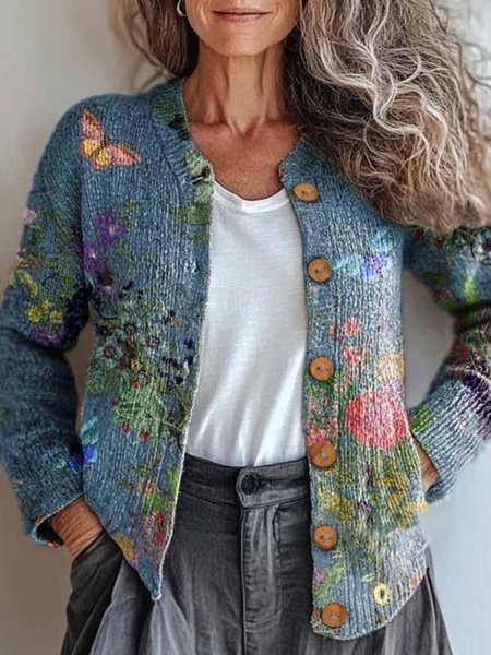 

Women's Floral Zipper Regular Loose Jacket, Blue, Outerwear