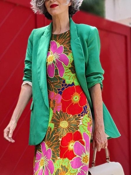 

Lapel Collar Plain Loosen Casual Blazer, Green, Blazers
