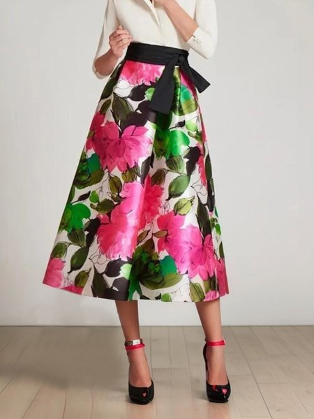 

Floral Loose Elegant Maxi Skirt With Belt, As picture, Skirts