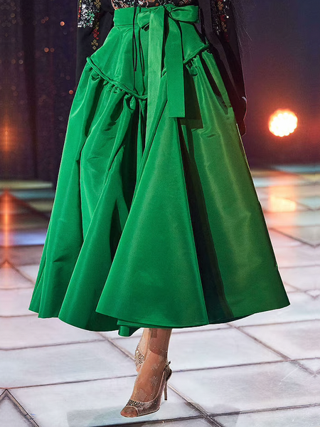 

Plain Elegant Umbrella Midi Skirt, Green, Skirts