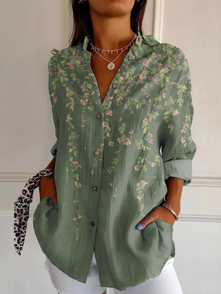 

Shirt Collar Long Sleeve Floral Regular Loose Shirt For Women, Green, Shirts