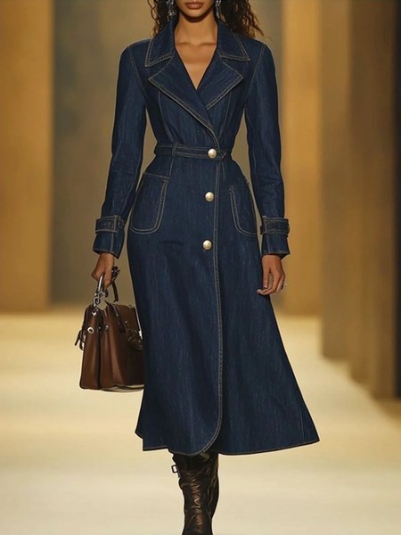 

Lapel Collar Urban Buttoned Denim Coat With Belt, Blue, Jackets