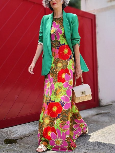 Casual Floral Short Sleeve Crew Neck Maxi Dress, As picture, Maxi Dresses