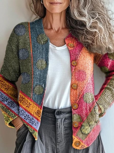 

Women Yarn/Wool Yarn Geometric Long Sleeve Comfy Boho Cardigan, Multicolor, Outerwear