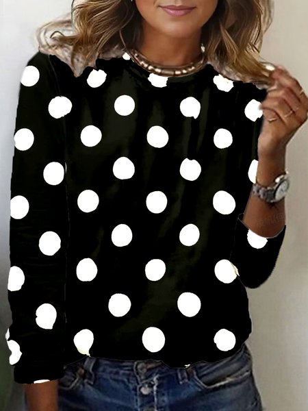 

Polka Dot Print Long Sleeve Crew Neck T-shirt, Black, Long sleeves