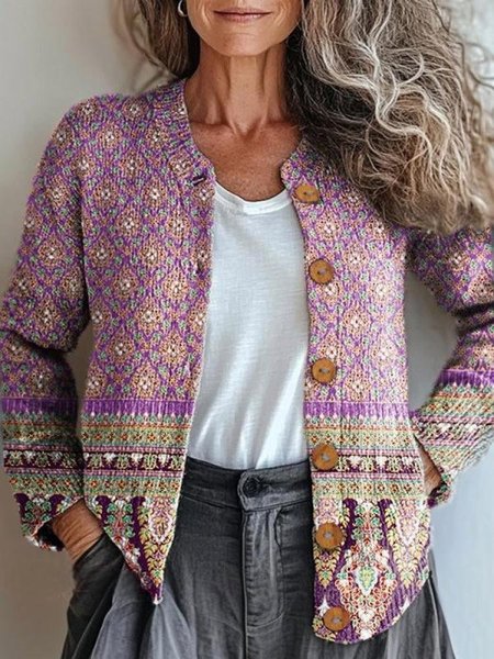 

Women Striped Vintage Spring/Fall Knitted Cardigan, As picture, Cardigans