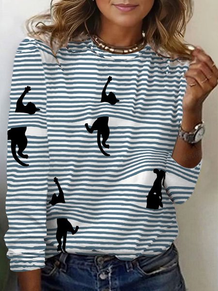 

Striped Cat Print Long Sleeve Crew Neck T-shirt, Blue, Long sleeves