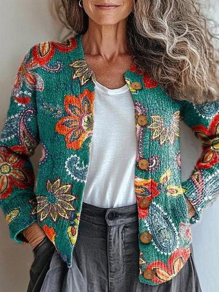 

Women Knitted Paisley Long Sleeve Comfy Vintage Cardigan, As picture, Cardigans