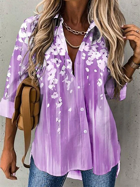 

Women's Long Sleeve Shirt Spring/Fall Floral Shirt Collar Daily Going Out Casual Top, Purple, Shirts