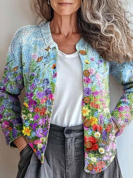 

Women Knitted Paisley Long Sleeve Comfy Vintage Cardigan, As picture, Cardigans