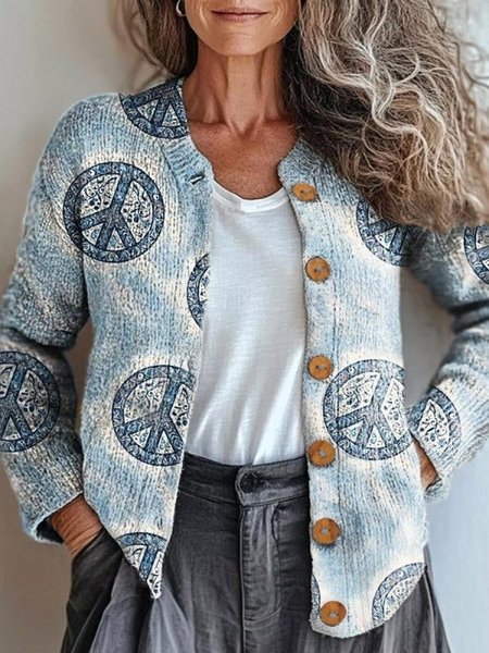 

Loose Vintage Crew Neck Paisley Cardigan, As picture, Cardigans