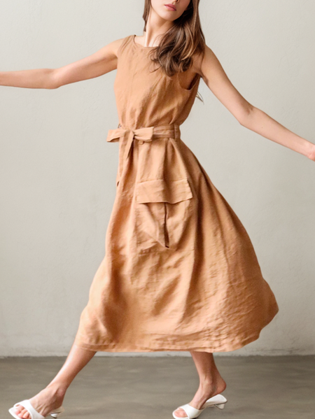

Linen Plain Crew Neck Maxi Dress, Khaki, Midi Dresses