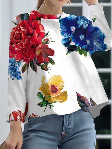 

Casual Crew Neck Loose Floral Blouse, As picture, Blouses and Shirts