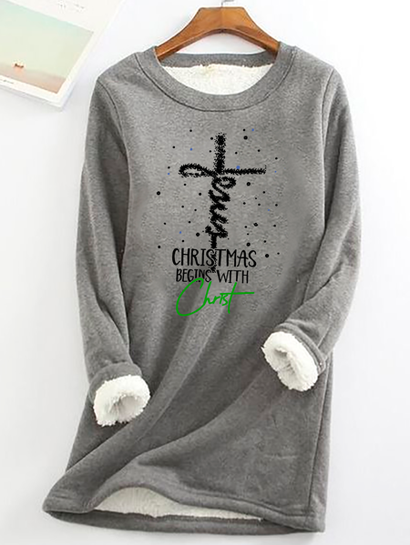 

Christmas Begins With Christ Snowman Print Casual Fluff Fleece Fabric Sweatshirt, Gray, Hoodies&Sweatshirts