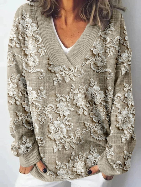 

Casual V Neck Floral Sweatshirt, Khaki, Hoodies & Sweatshirts