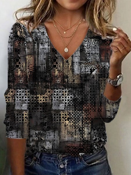 

Geometric Print Long Sleeve V-Neck T-shirt, Black, Long sleeves