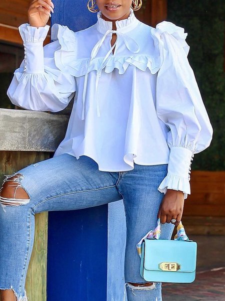 

Ruffle Sleeve Plain Elegant Blouse, White, Blouses and Shirts