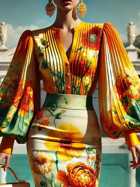 

Romantic Balloon Sleeve Floral Elegant Shirt, As picture, Blouses and Shirts