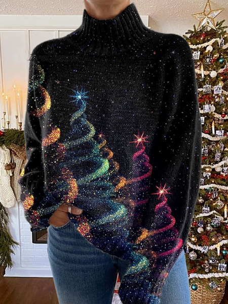 

Casual Turtleneck Christmas Tree Art Print Sweatshirt, Black, Hoodies & Sweatshirts